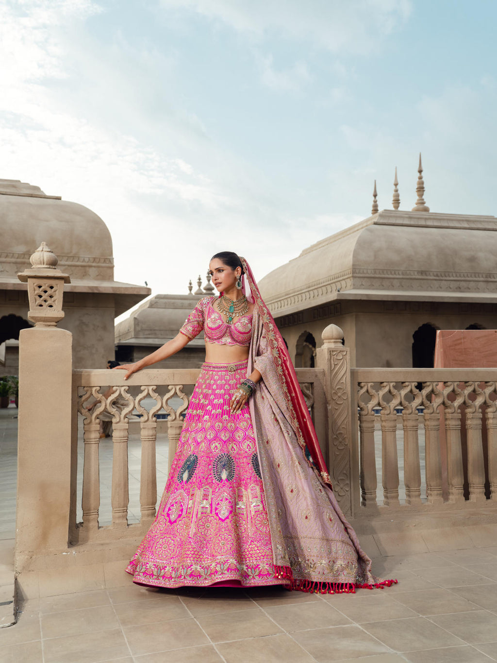 Hot Pink Blush Silk Lehenga Set with Tissue Dupatta