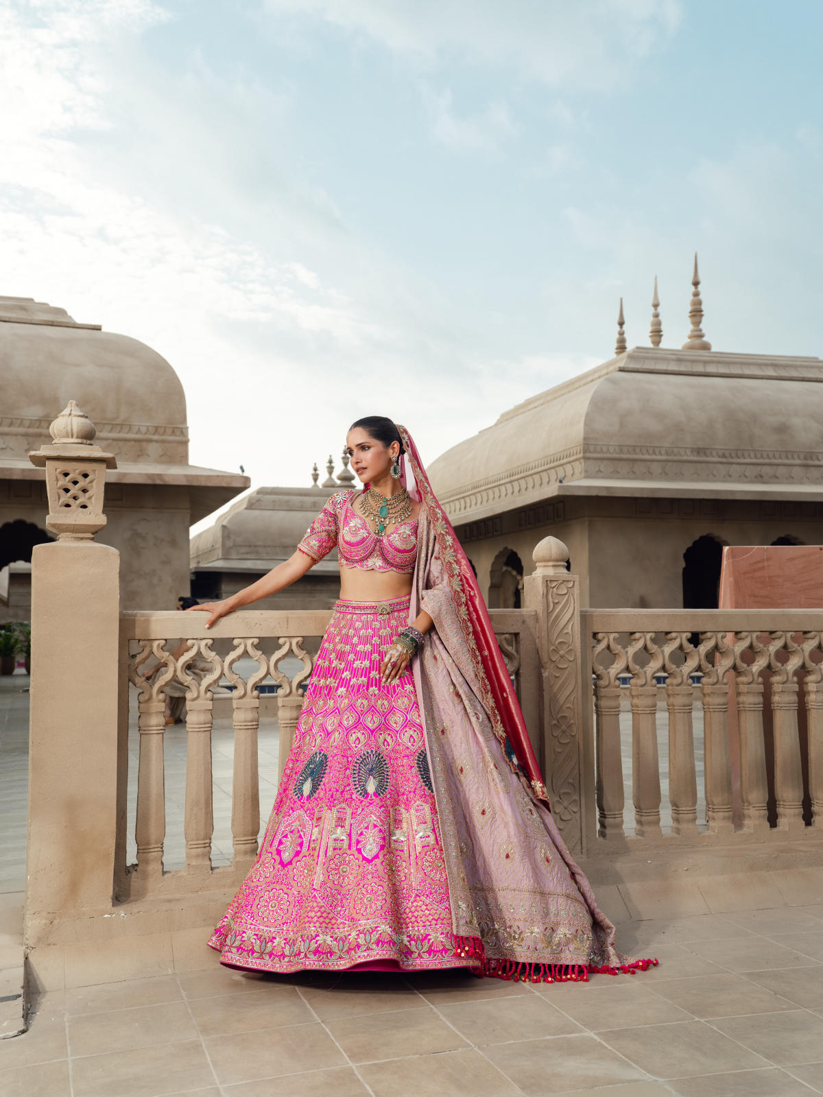 Hot Pink Blush Silk Lehenga Set with Tissue Dupatta