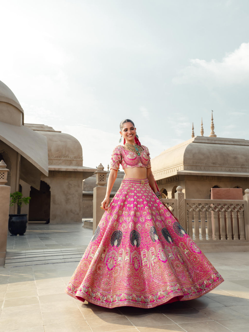 Hot Pink Blush Silk Lehenga Set with Tissue Dupatta