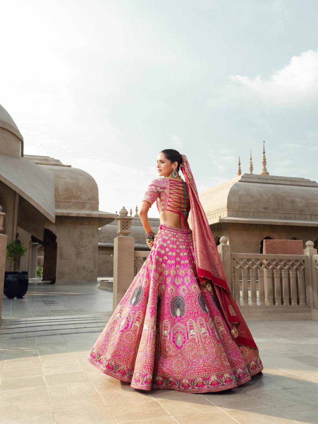 Hot Pink Blush Silk Lehenga Set with Tissue Dupatta