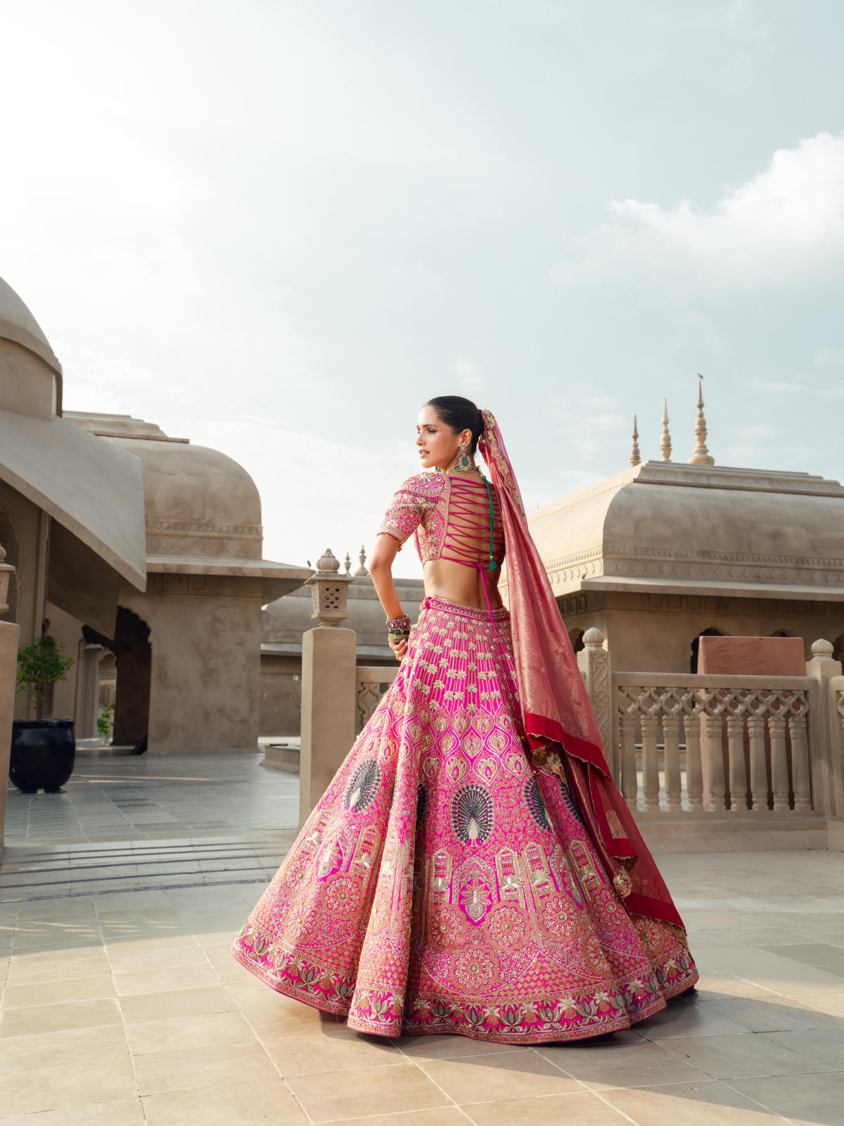 Hot Pink Blush Silk Lehenga Set with Tissue Dupatta