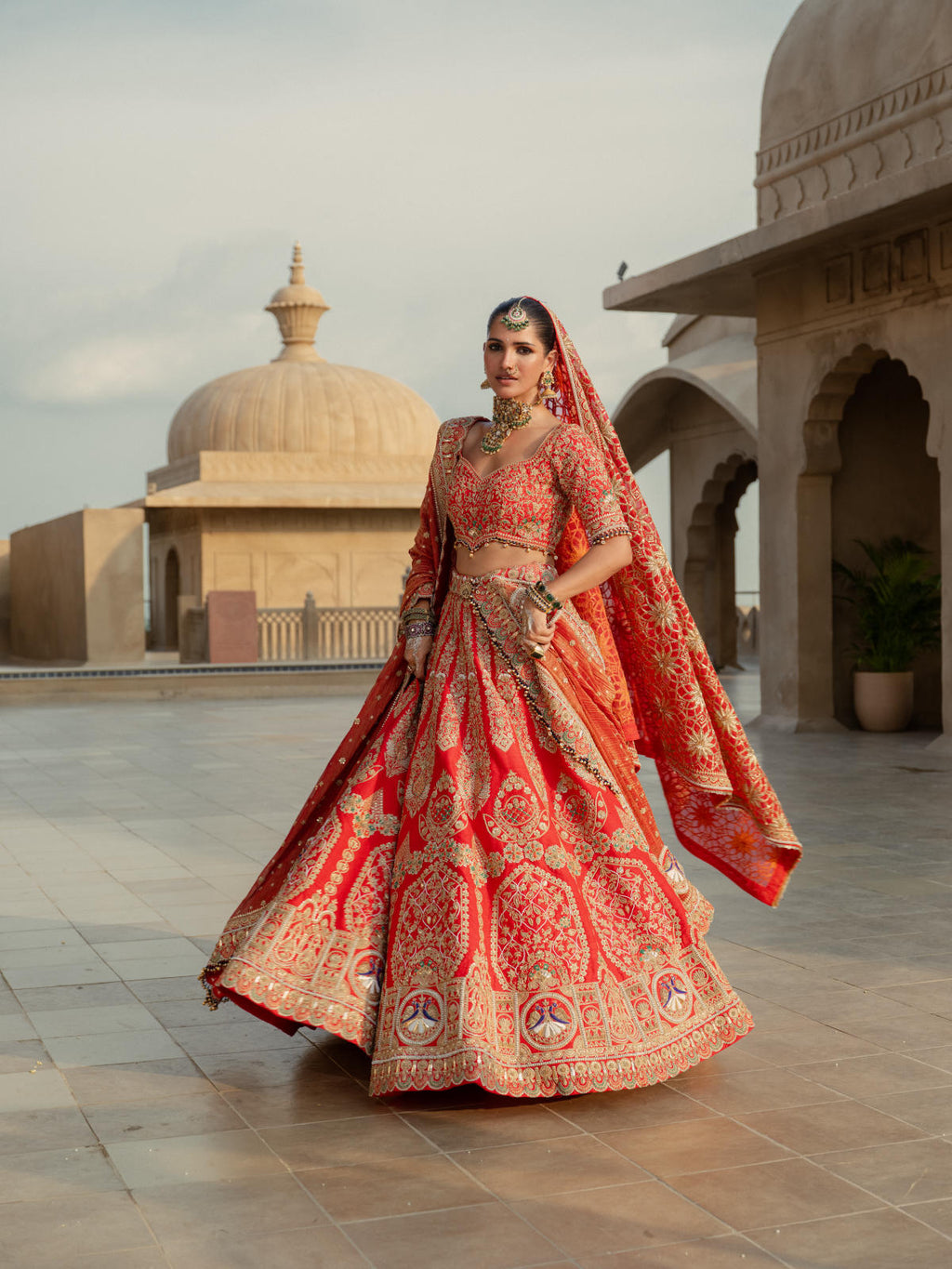Bright Red Silk Lehenga Set with Dual Tissue Dupatta