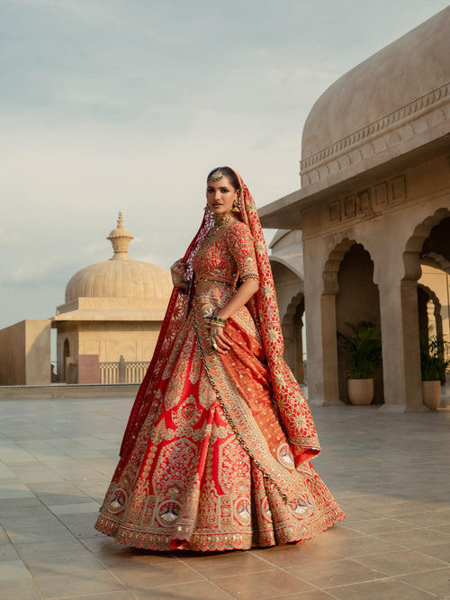 Bright Red Silk Lehenga Set with Dual Tissue Dupatta
