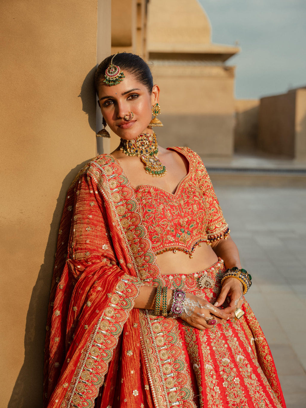 Bright Red Silk Lehenga Set with Dual Tissue Dupatta