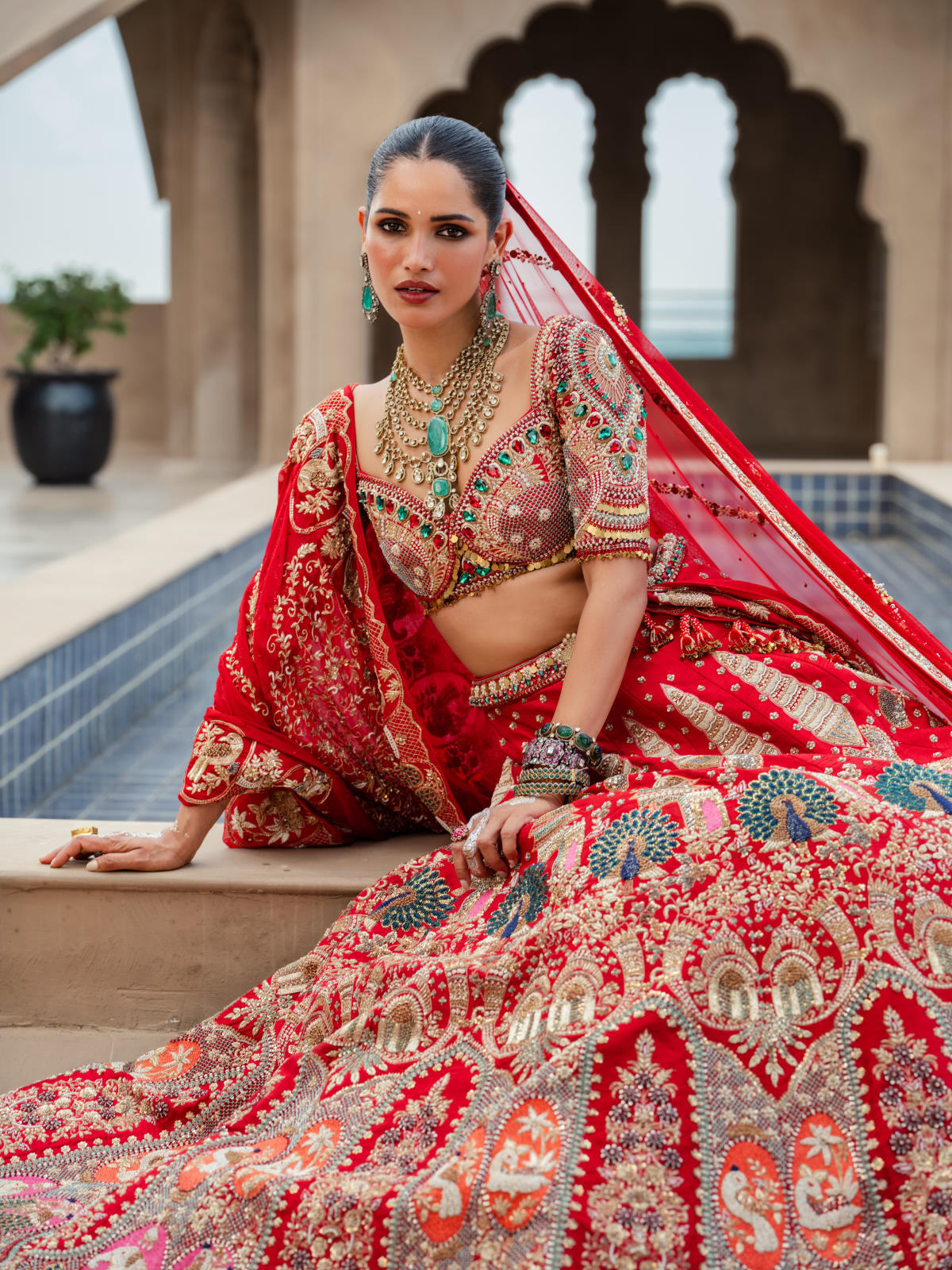 Red Raw Silk Lehenga Set with Net Dupatta