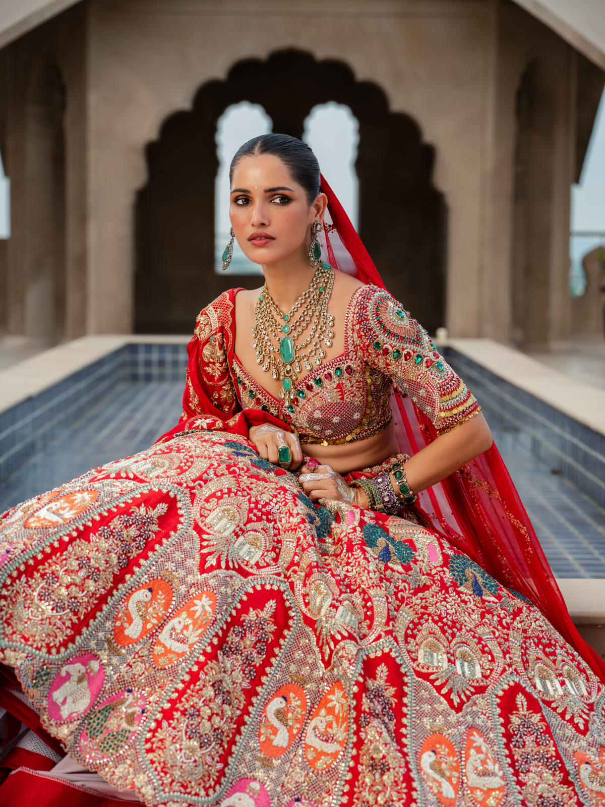Red Raw Silk Lehenga Set with Net Dupatta