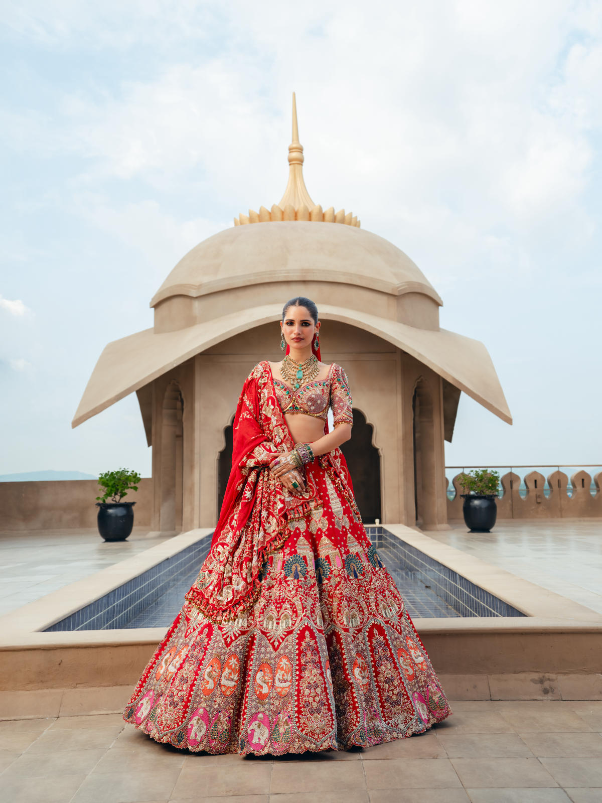 Red Raw Silk Lehenga Set with Net Dupatta