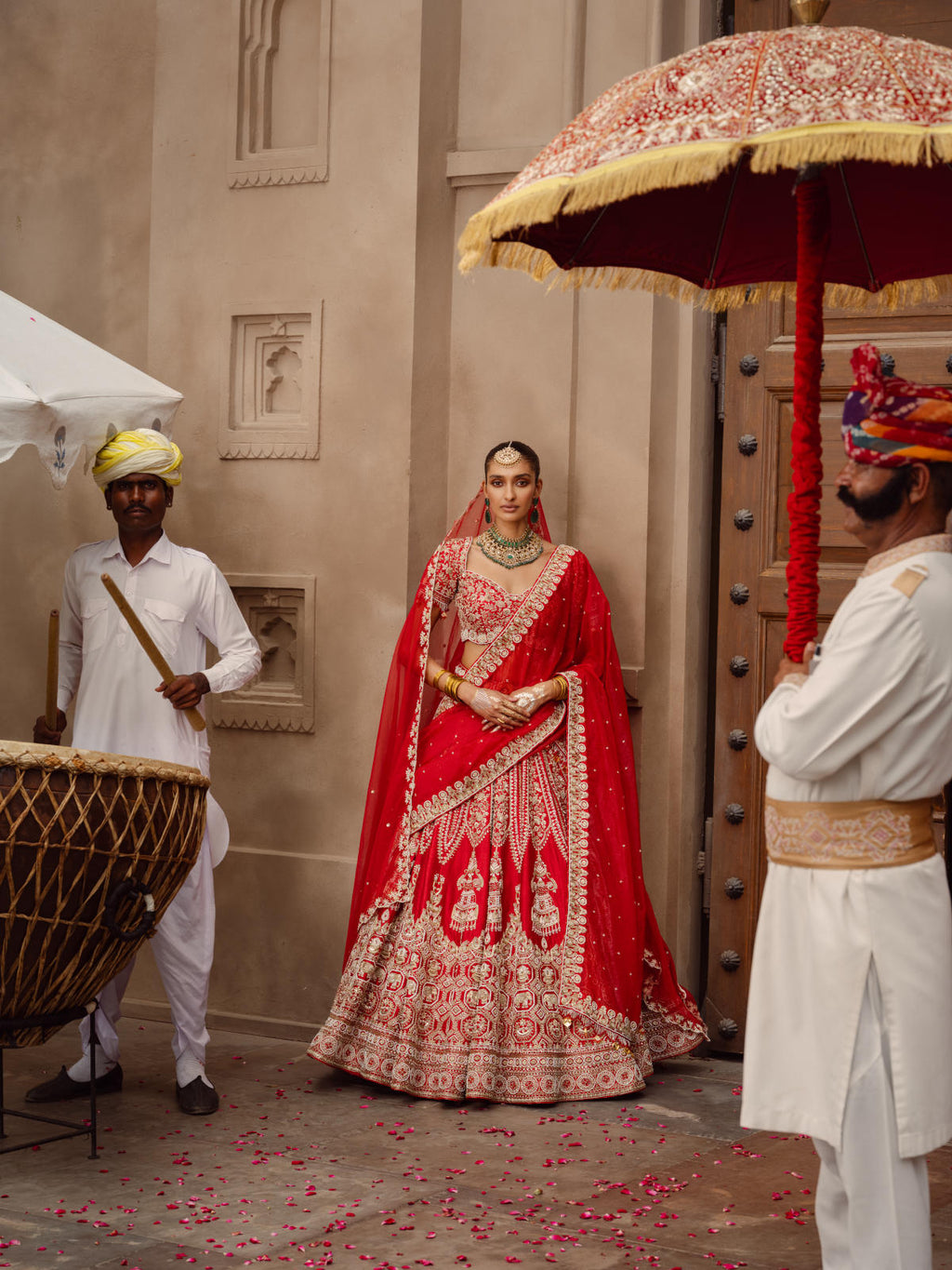Red Silk Lehenga Set with Dual Organza Dupatta
