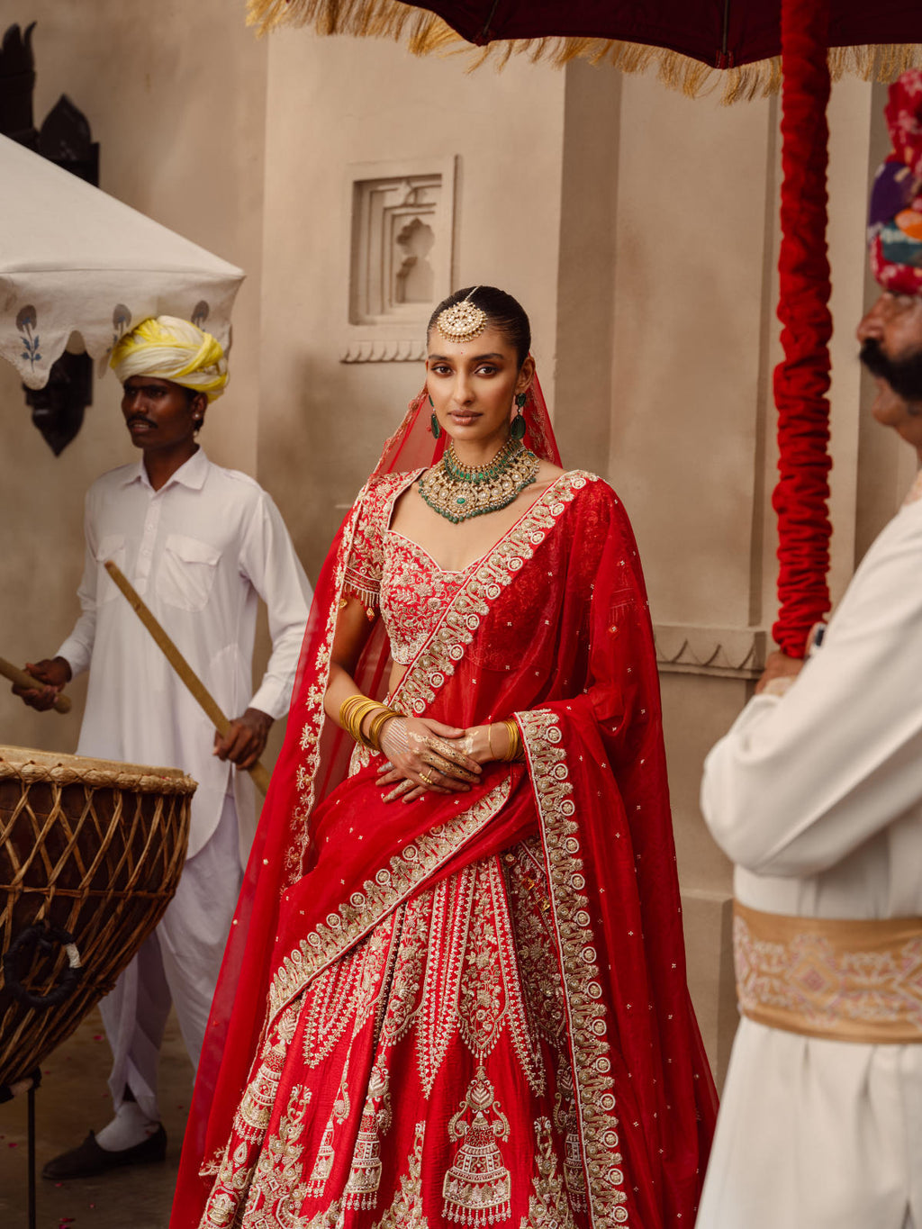 Red Silk Lehenga Set with Dual Organza Dupatta