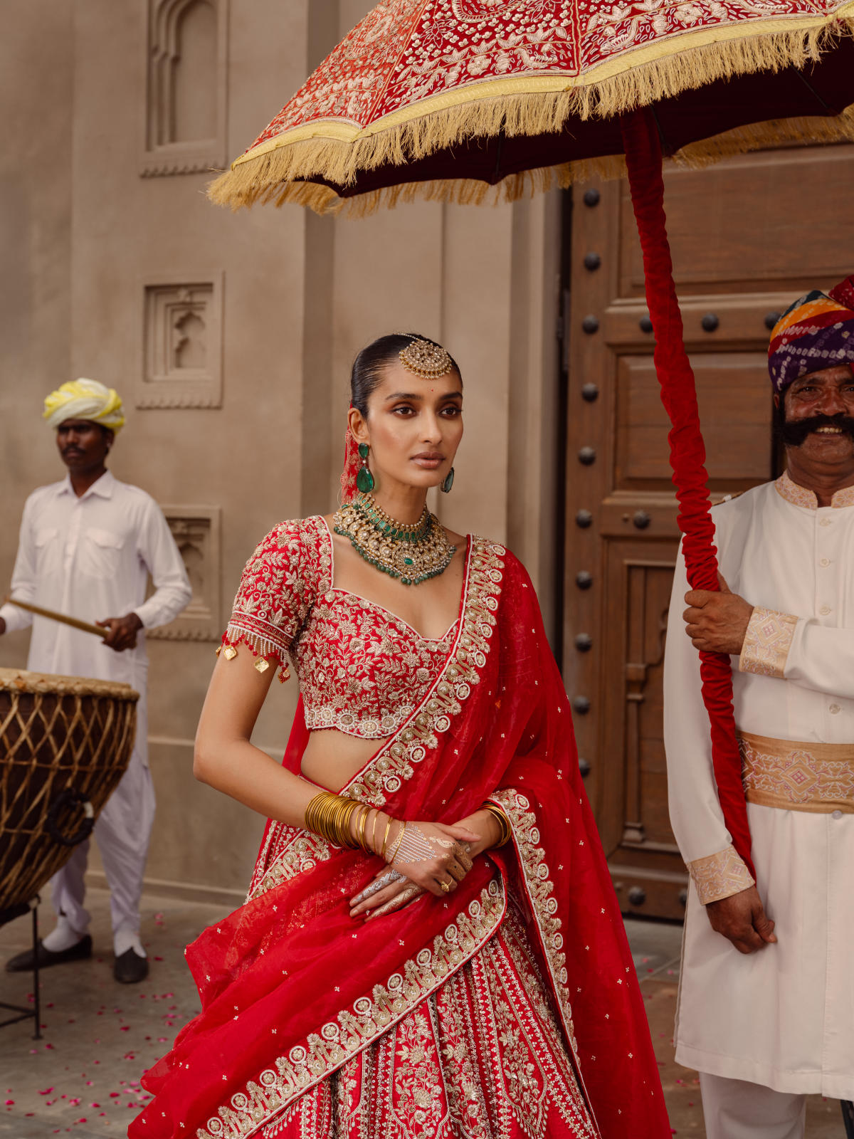 Red Silk Lehenga Set with Dual Organza Dupatta