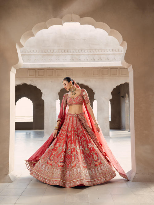 Coral Silk Lehenga Set with Dual Organza Dupatta