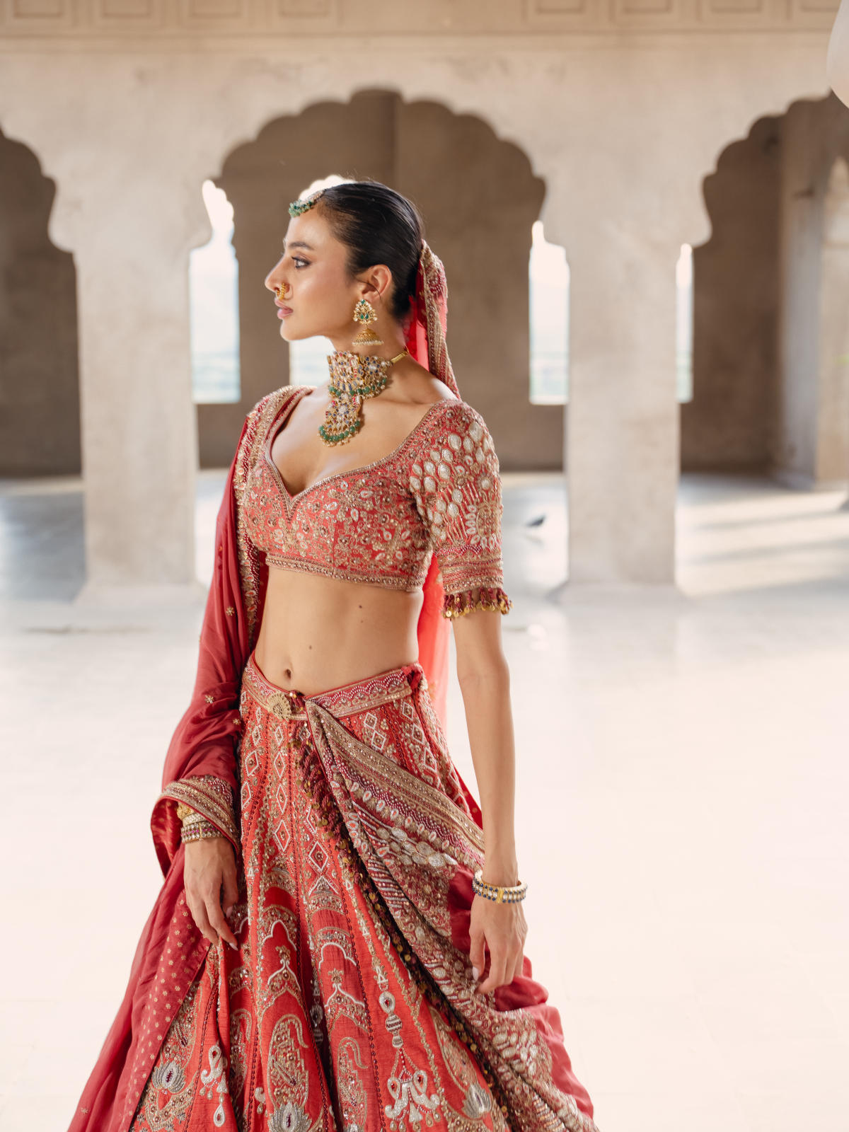 Coral Silk Lehenga Set with Dual Organza Dupatta