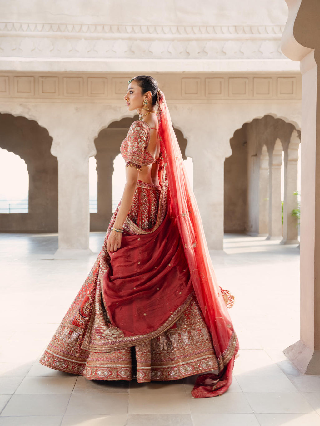 Coral Silk Lehenga Set with Dual Organza Dupatta