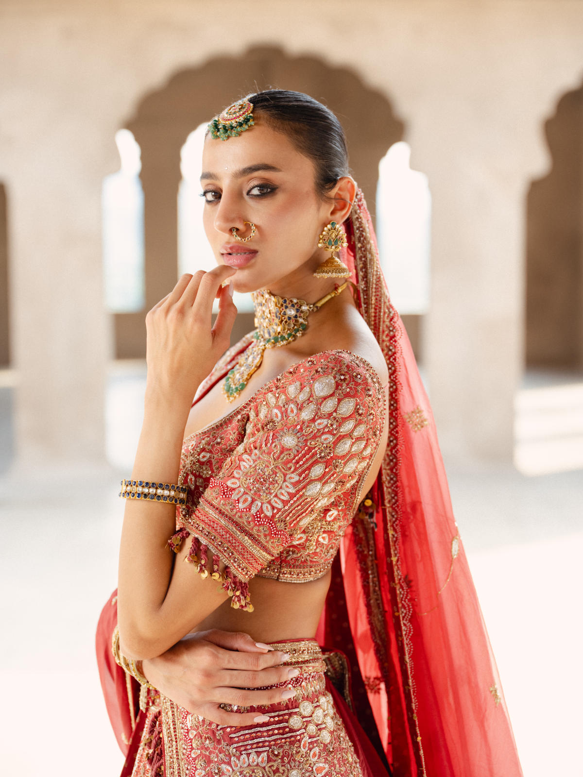 Coral Silk Lehenga Set with Dual Organza Dupatta