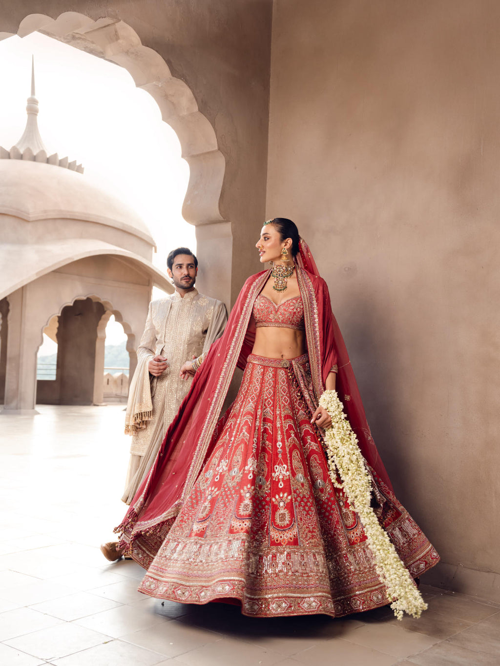 Coral Silk Lehenga Set with Dual Organza Dupatta