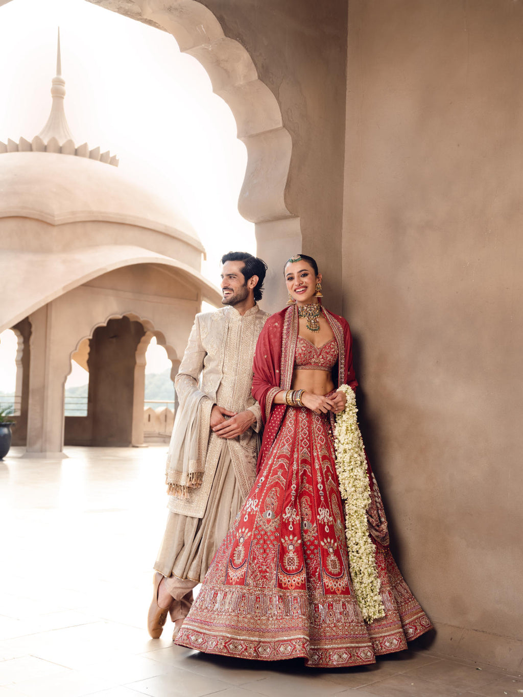 Coral Silk Lehenga Set with Dual Organza Dupatta
