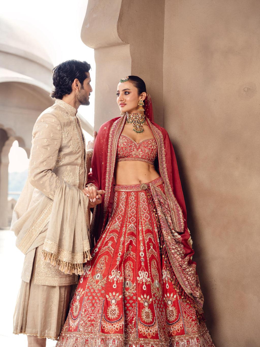 Coral Silk Lehenga Set with Dual Organza Dupatta