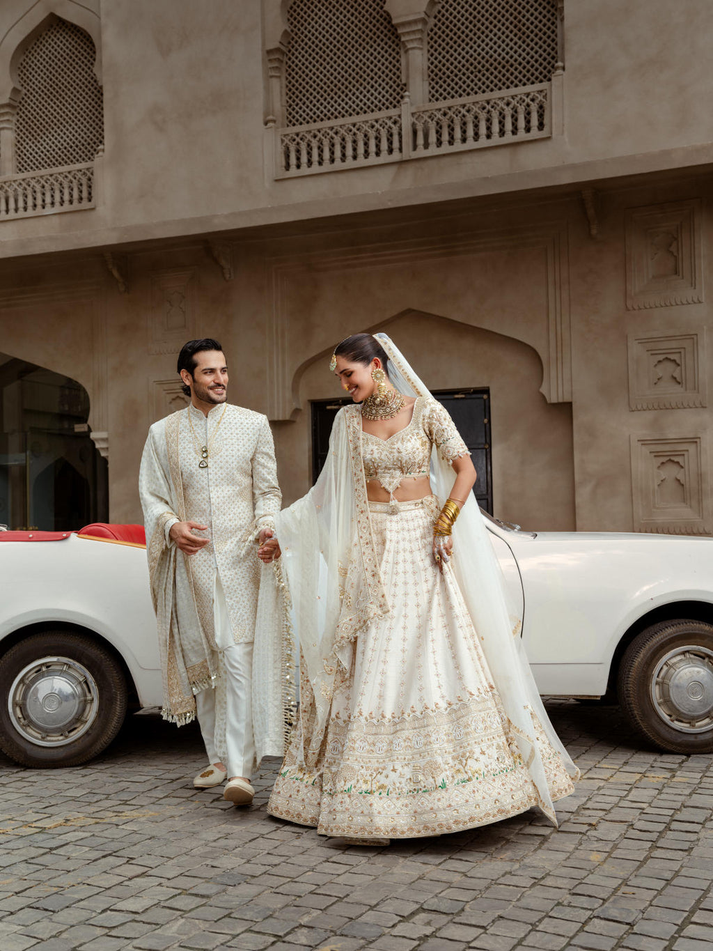 Beige Silk Embroidered Lehenga Ensemble with Dual Organza Dupatta