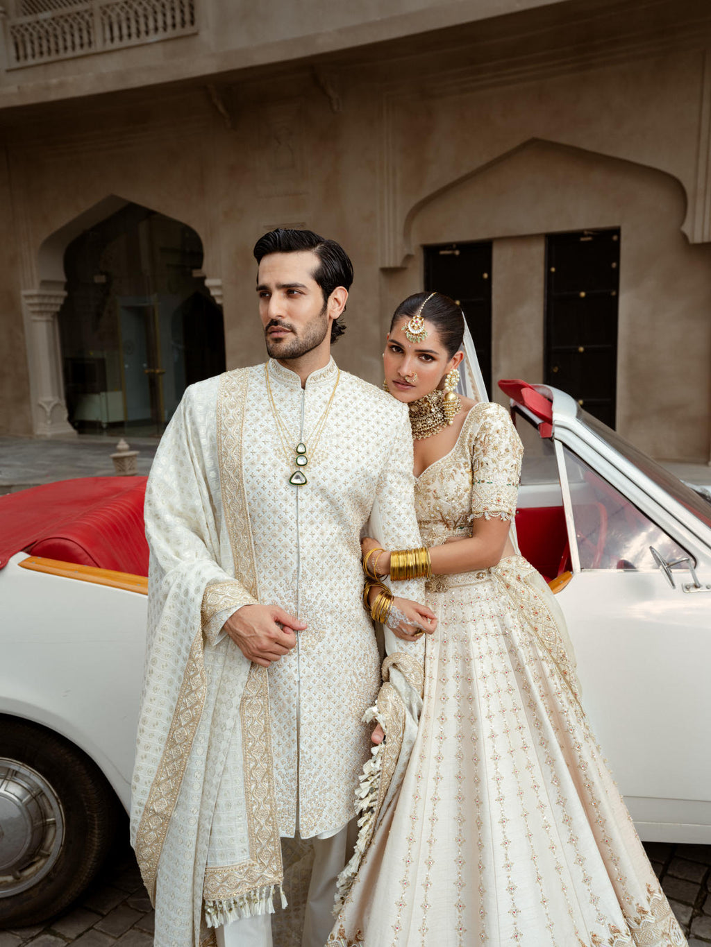 Beige Silk Embroidered Lehenga Ensemble with Dual Organza Dupatta