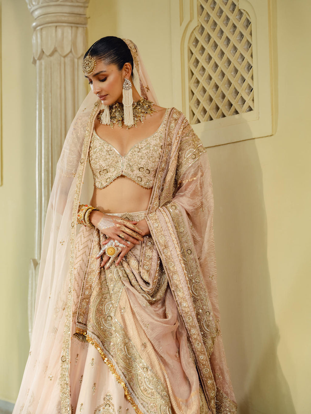 Peach Tissue Silk Lehenga Set with Banarasi Tissue & Organza Dupatta