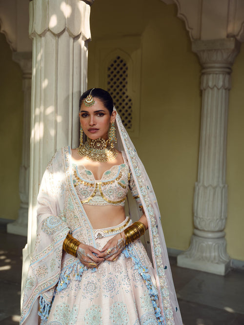 Blush Pink Raw Silk Lehenga Set with Dual Organza Dupatta