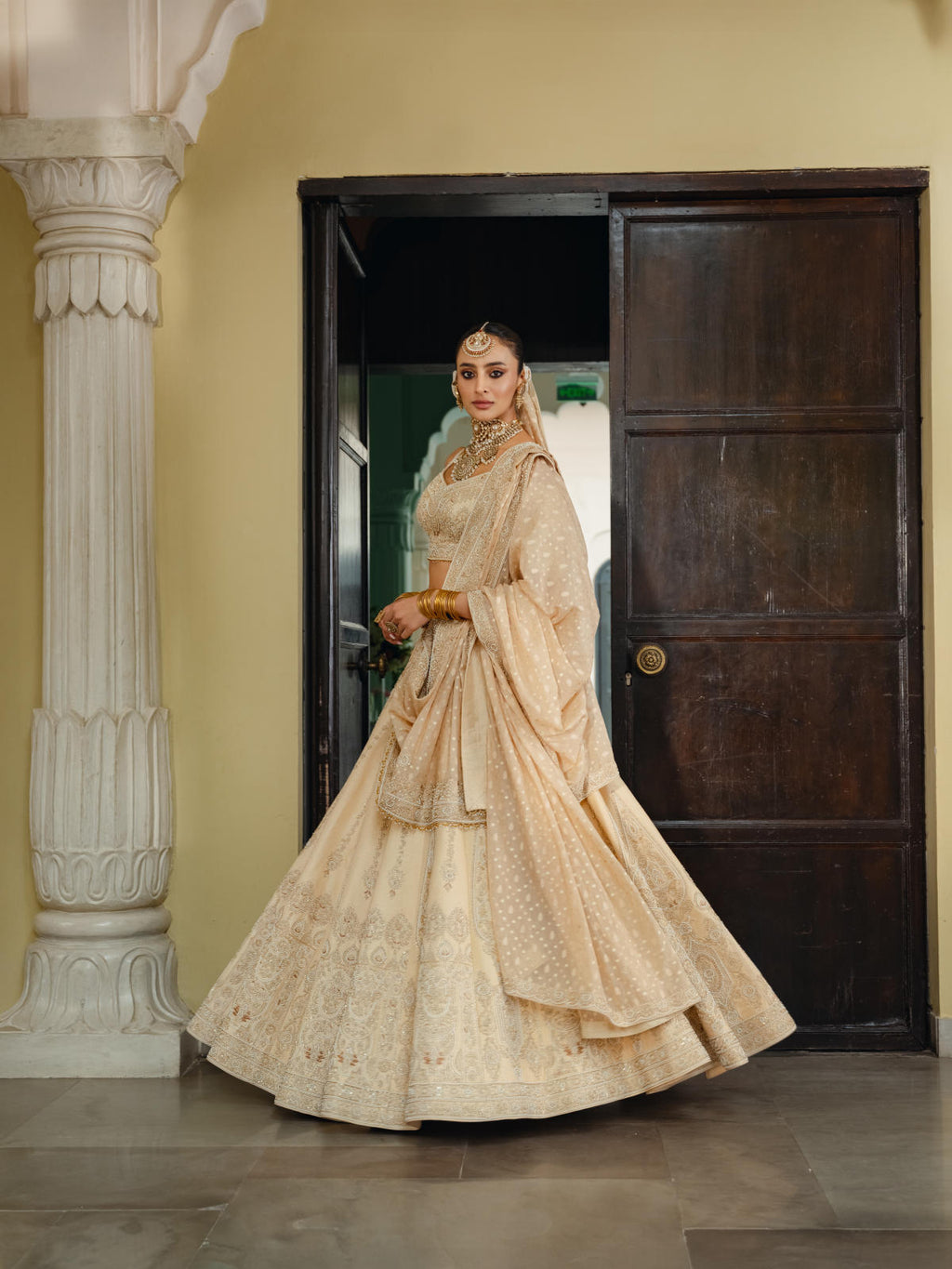 Beige Silk Lehenga Set with Dual Banarasi Dupatta