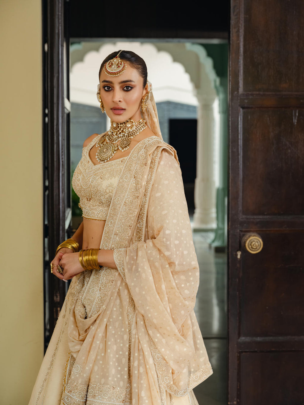 Beige Silk Lehenga Set with Dual Banarasi Dupatta
