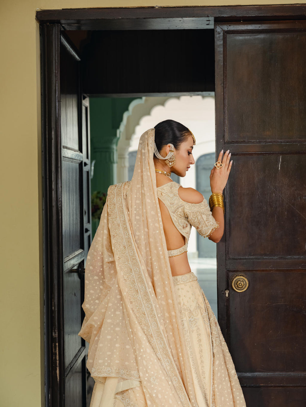Beige Silk Lehenga Set with Dual Banarasi Dupatta
