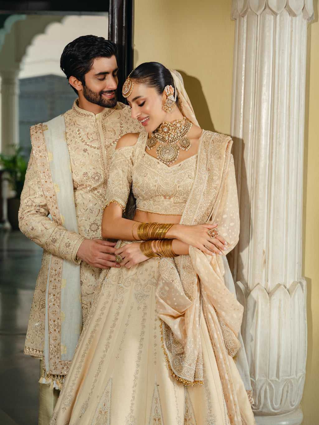 Beige Silk Lehenga Set with Dual Banarasi Dupatta