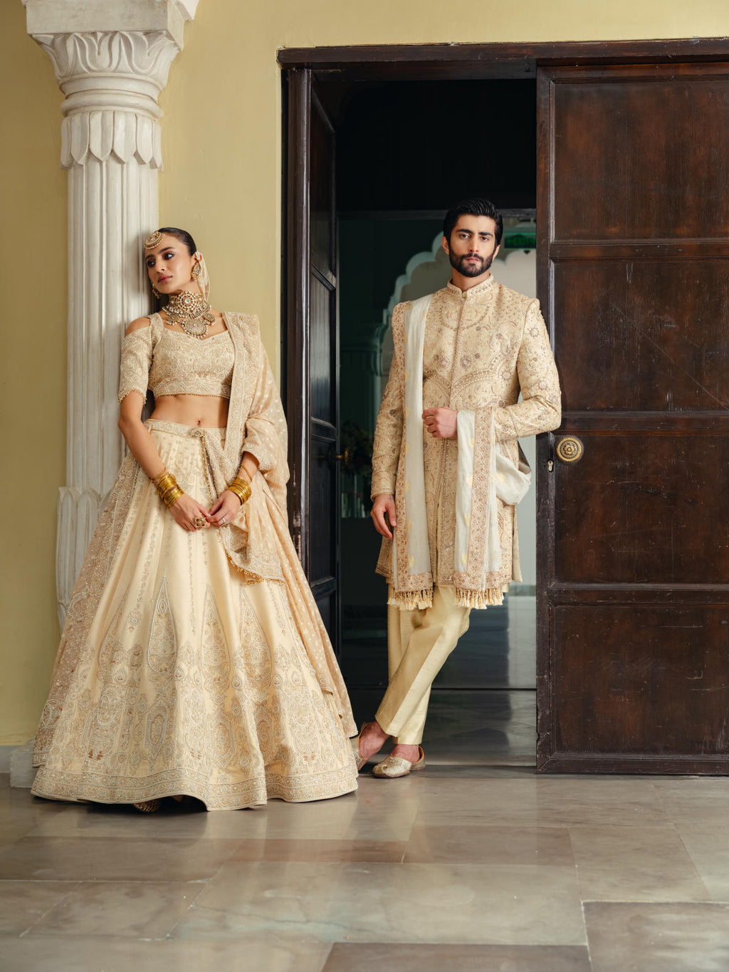 Beige Silk Lehenga Set with Dual Banarasi Dupatta