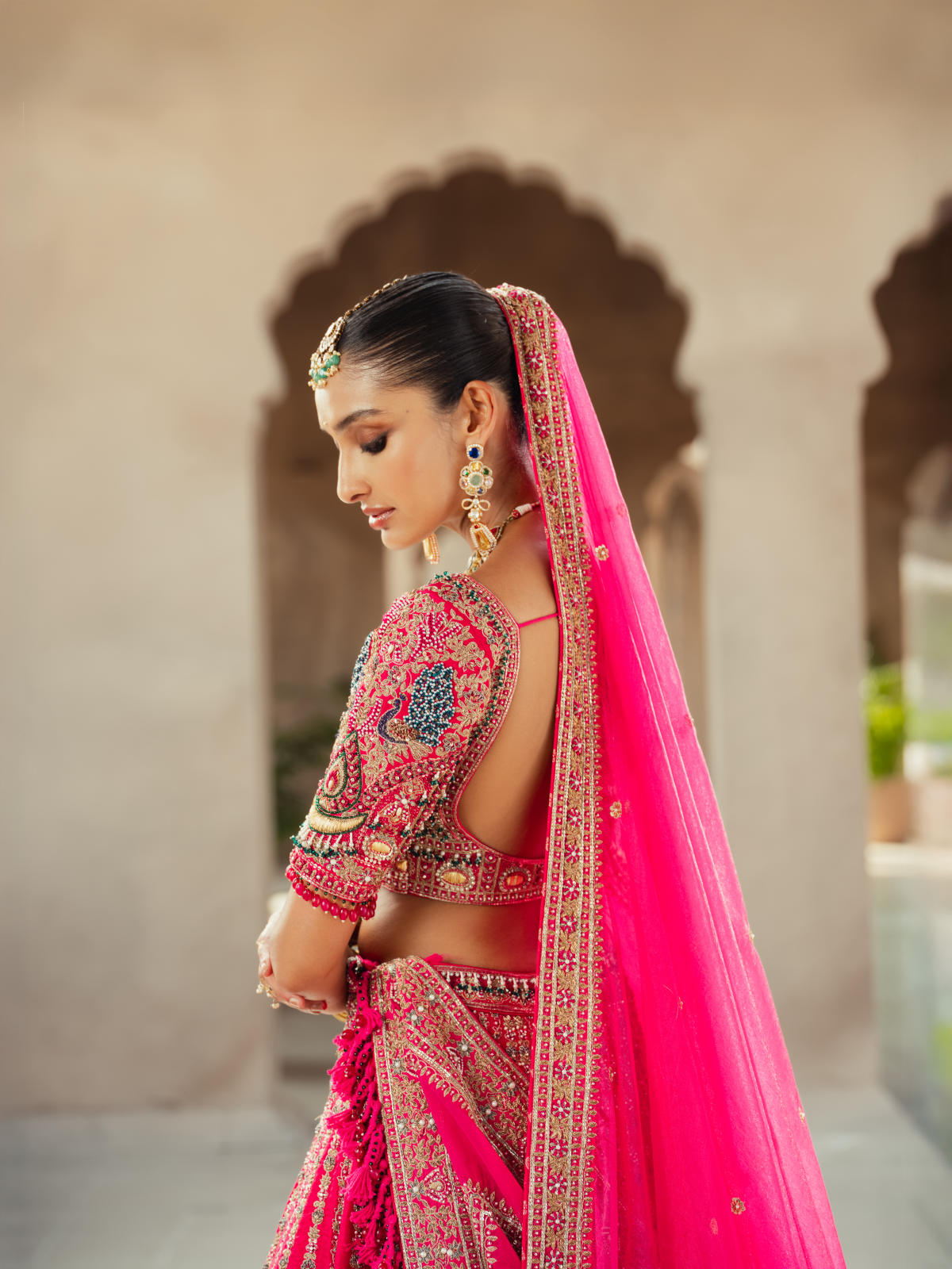 Rani Pink Textured Silk Lehenga Set with Organza Dupatta