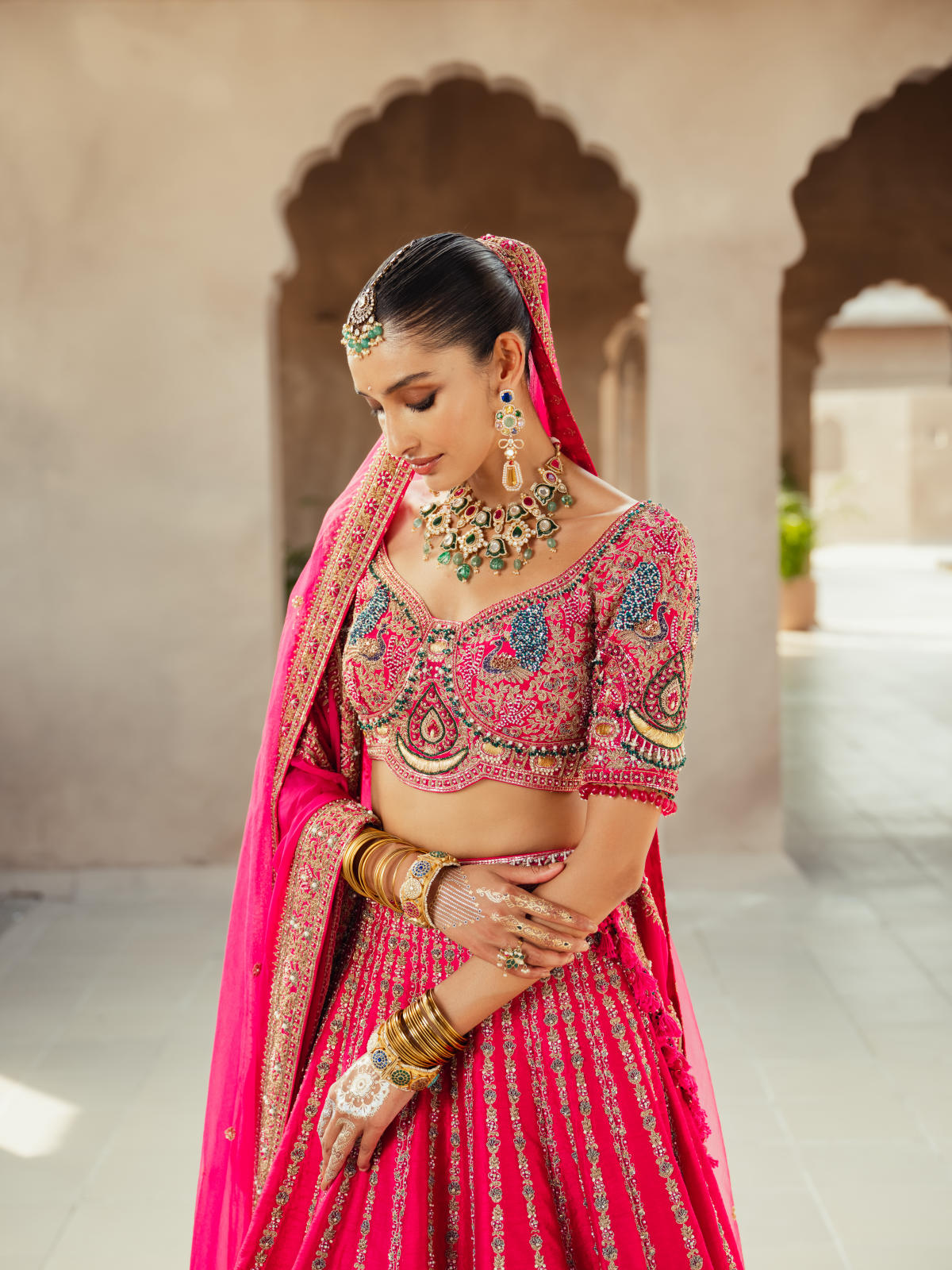 Rani Pink Textured Silk Lehenga Set with Organza Dupatta