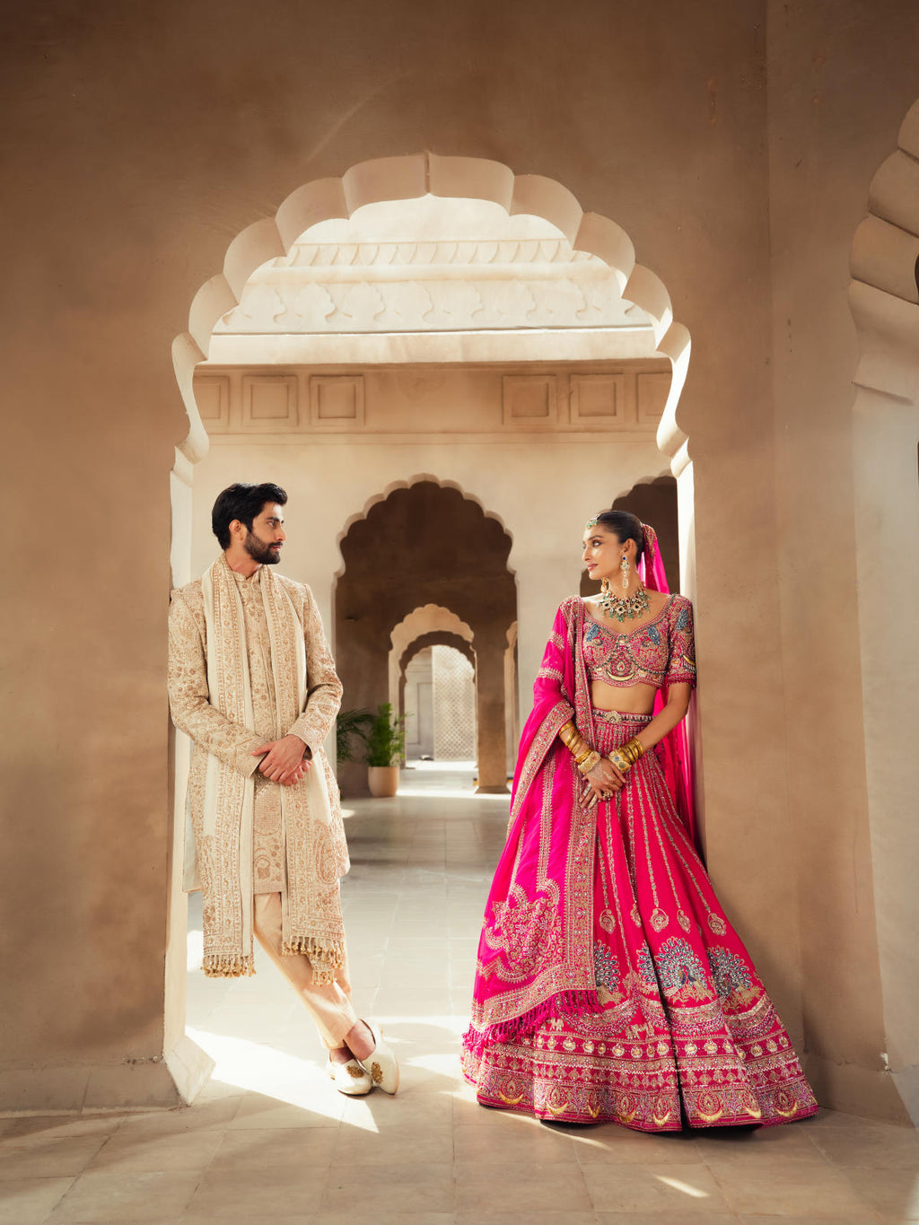 Rani Pink Textured Silk Lehenga Set with Organza Dupatta