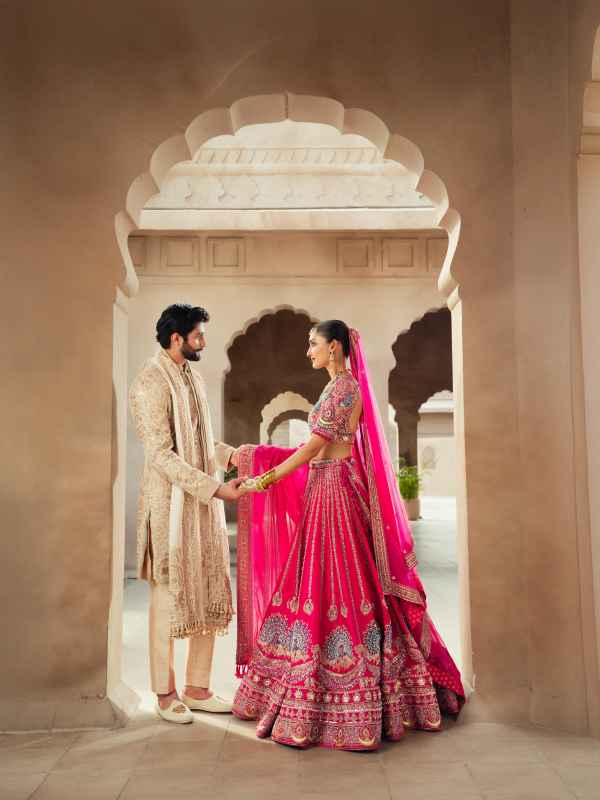 Rani Pink Textured Silk Lehenga Set with Organza Dupatta