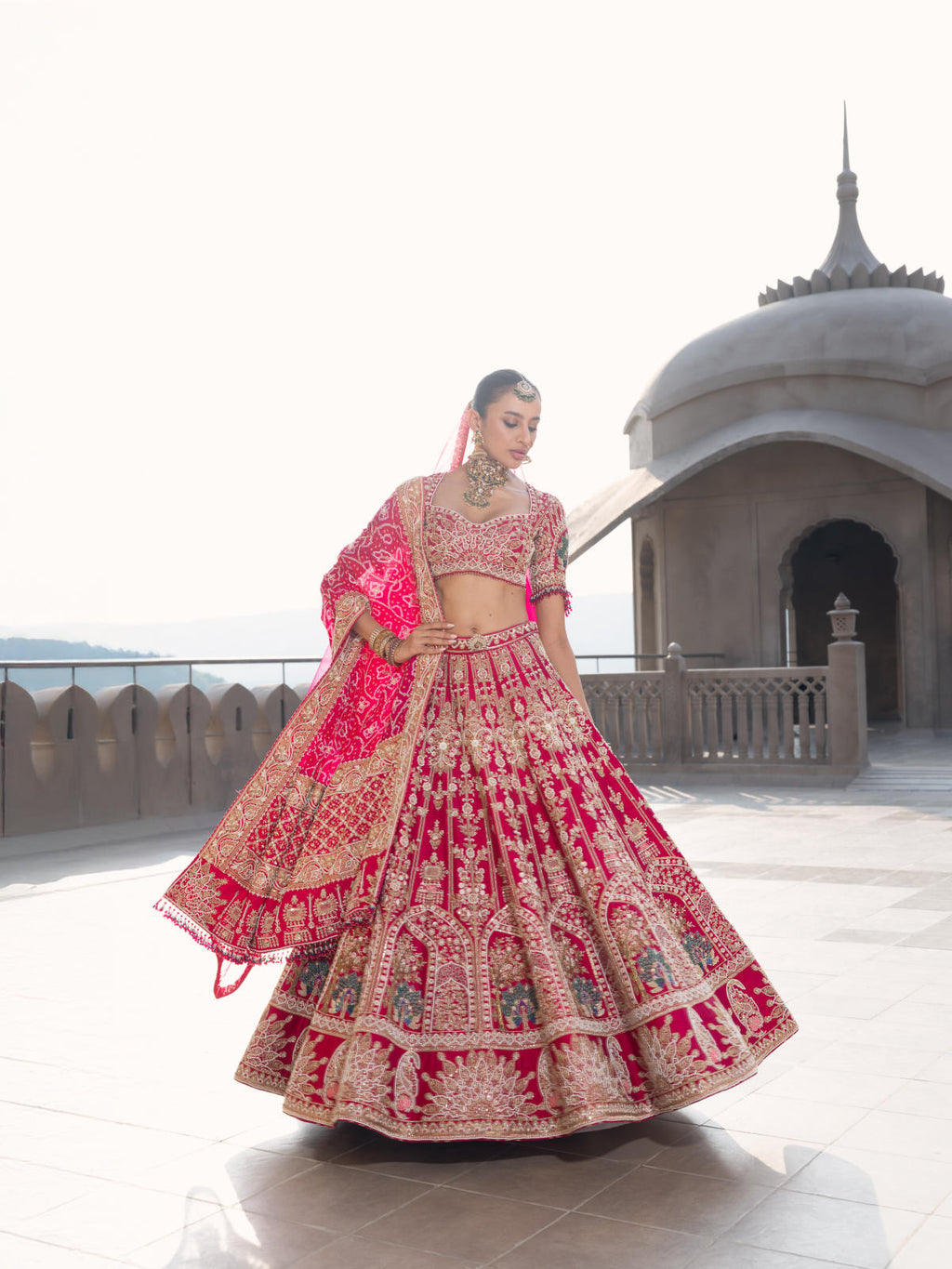 Rani Pink Silk Lehenga Set with Bandhani & Tissue Organza Dupatta