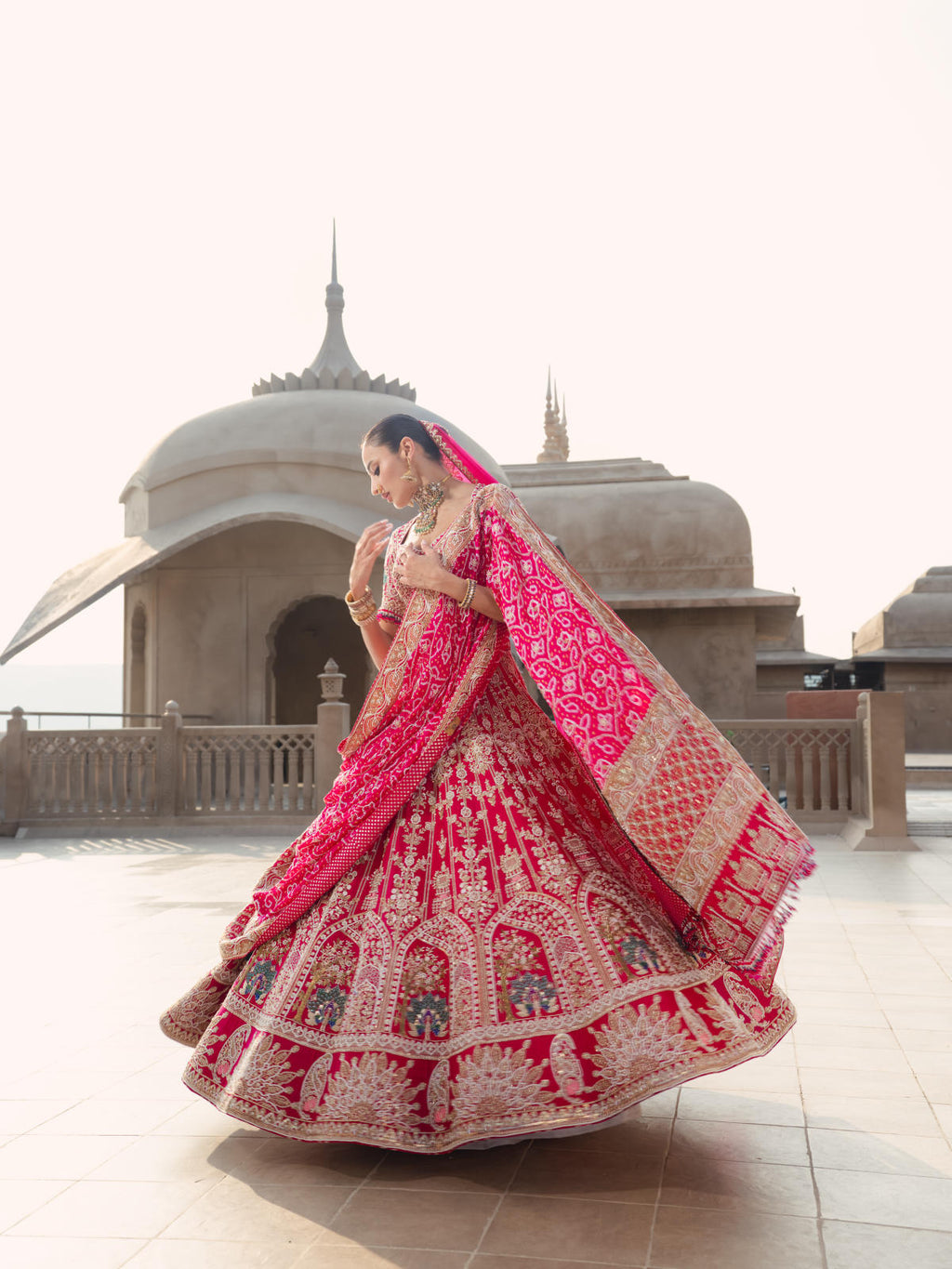 Rani Pink Silk Lehenga Set with Bandhani & Tissue Organza Dupatta
