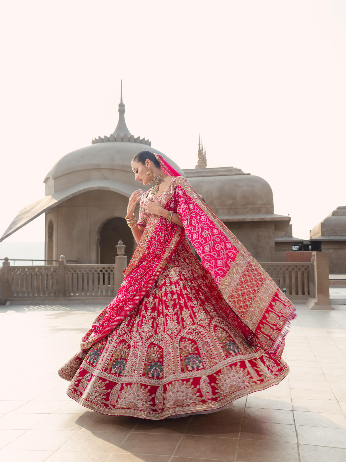 Rani Pink Silk Lehenga Set with Bandhani & Tissue Organza Dupatta