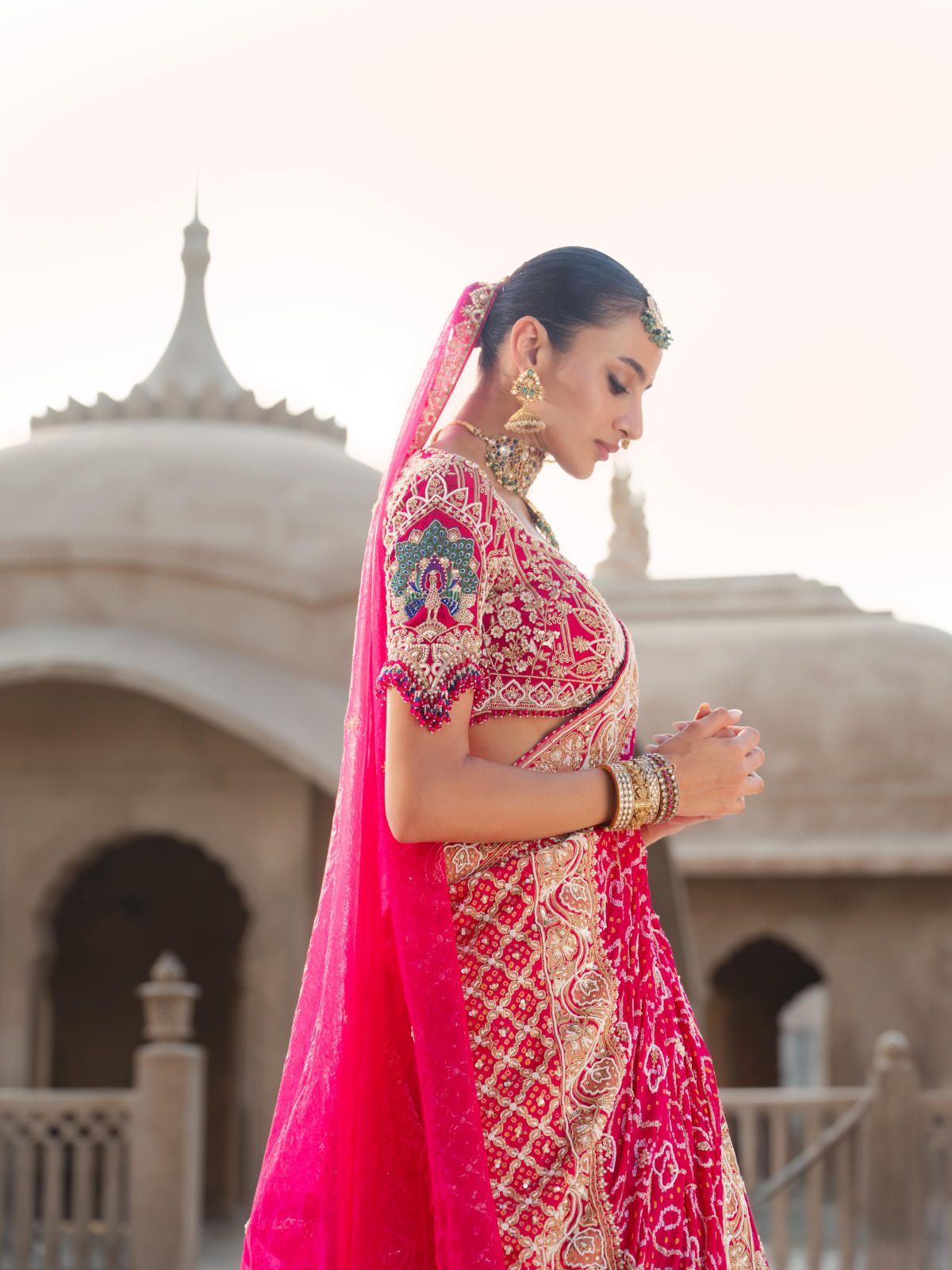 Rani Pink Silk Lehenga Set with Bandhani & Tissue Organza Dupatta