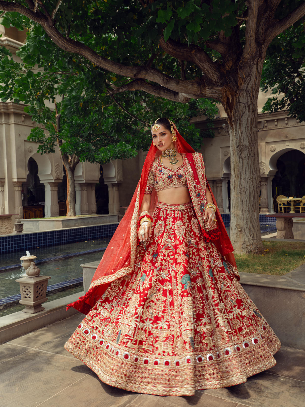 Red Raw Silk Lehenga Set with Munga Silk & Tissue Dupatta