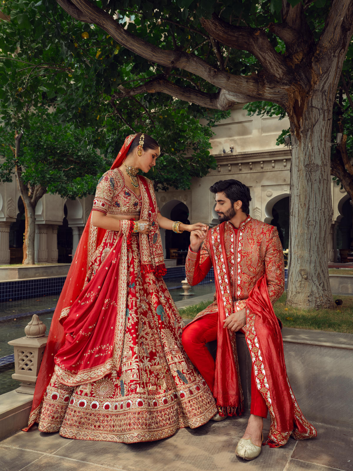 Red Raw Silk Lehenga Set with Munga Silk & Tissue Dupatta