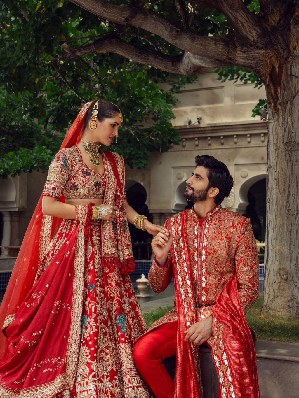 Red Raw Silk Lehenga Set with Munga Silk & Tissue Dupatta