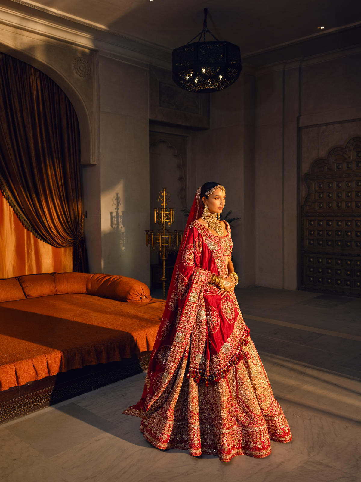 Red Raw Silk Lehenga Set with Dual Silk Dupatta