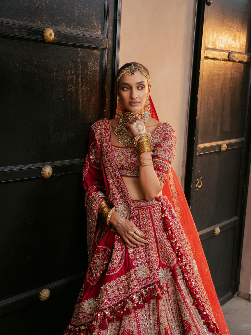 Red Raw Silk Lehenga Set with Dual Silk Dupatta