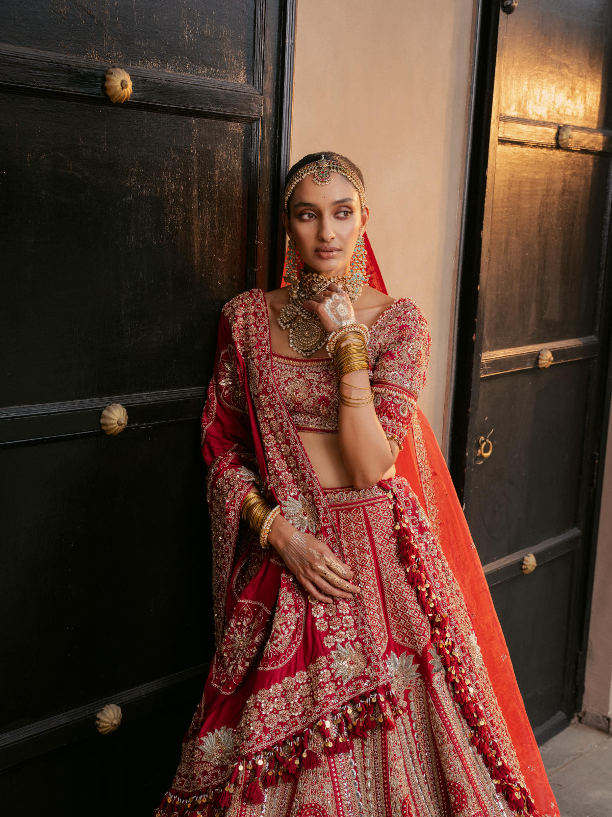 Red Raw Silk Lehenga Set with Dual Silk Dupatta