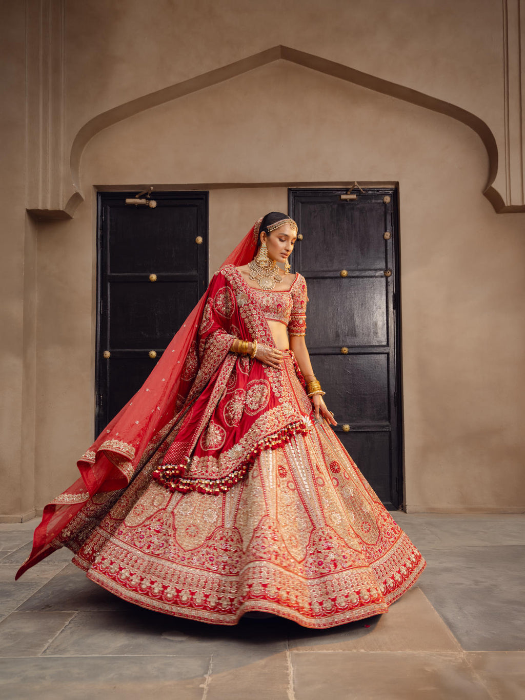 Red Raw Silk Lehenga Set with Dual Silk Dupatta