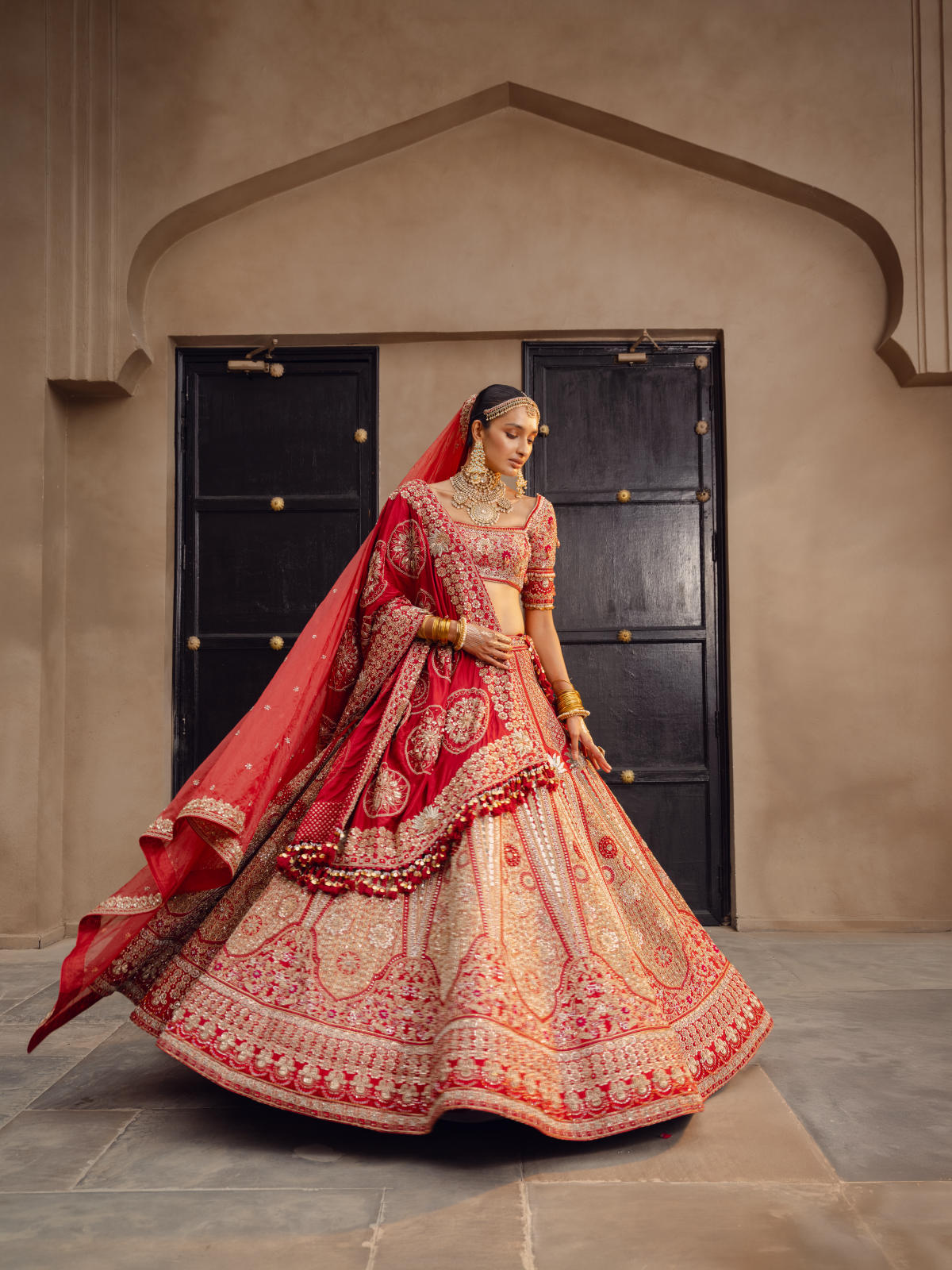Red Raw Silk Lehenga Set with Dual Silk Dupatta
