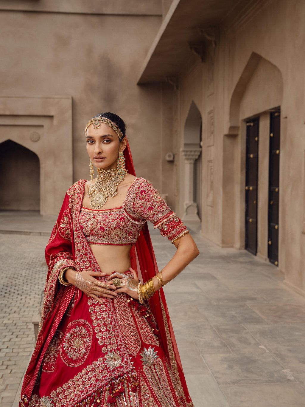 Red Raw Silk Lehenga Set with Dual Silk Dupatta