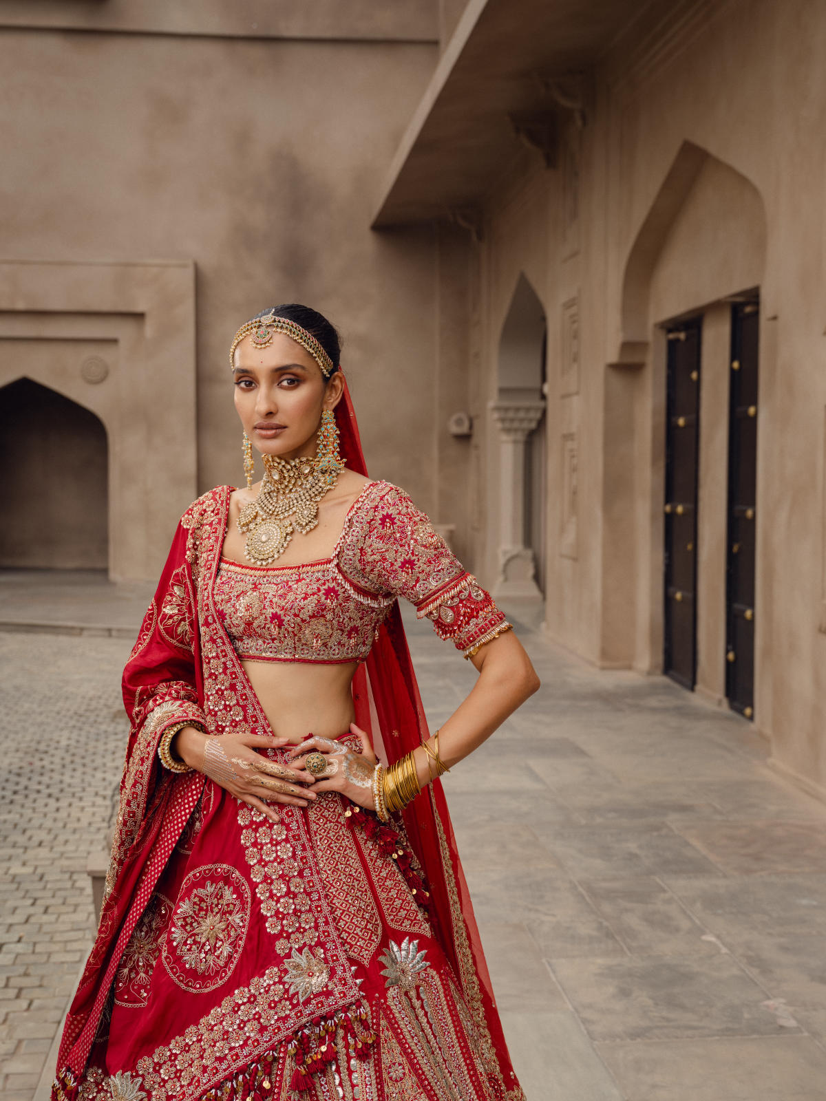 Red Raw Silk Lehenga Set with Dual Silk Dupatta
