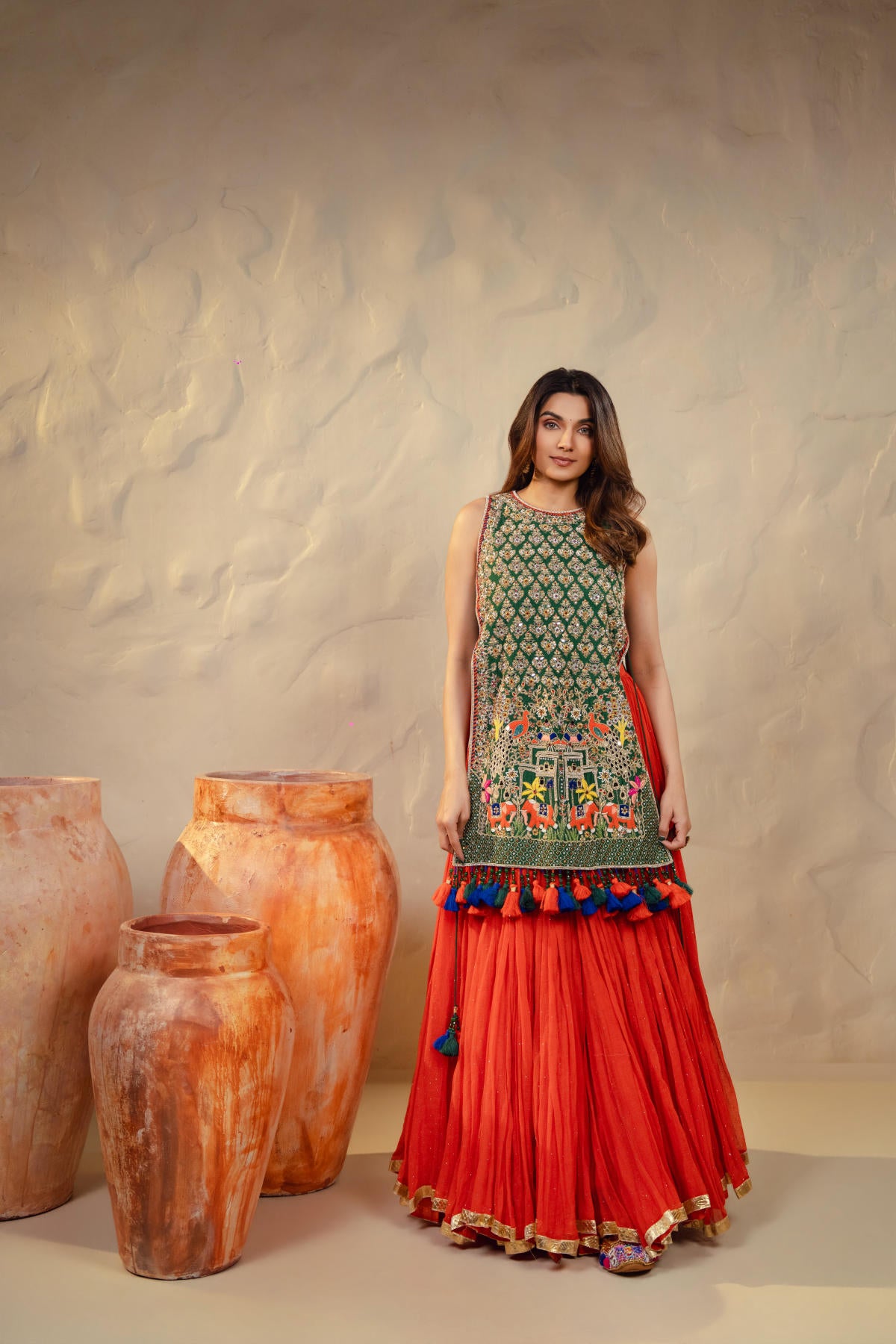 Sunset Orange & Emerald Green Lehenga Set