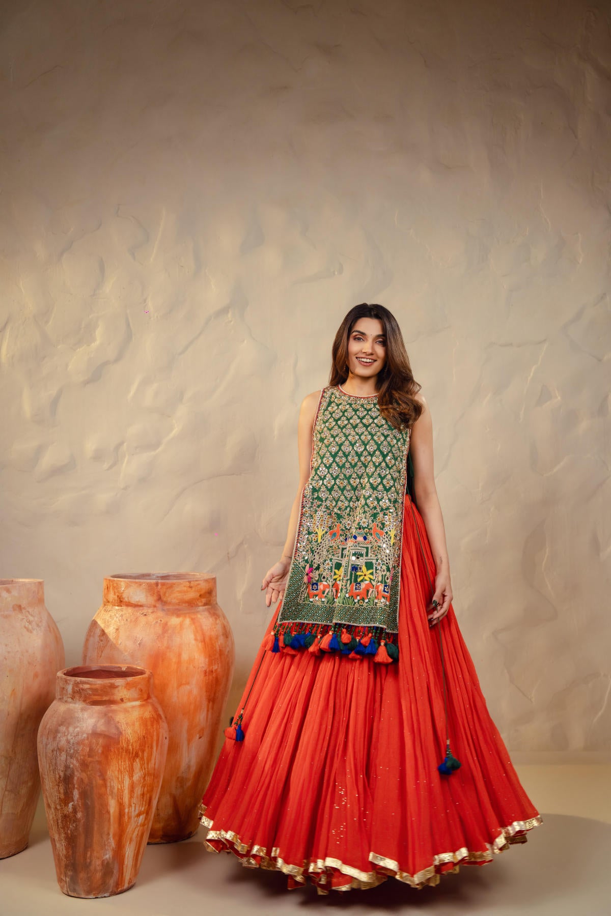 Sunset Orange & Emerald Green Lehenga Set